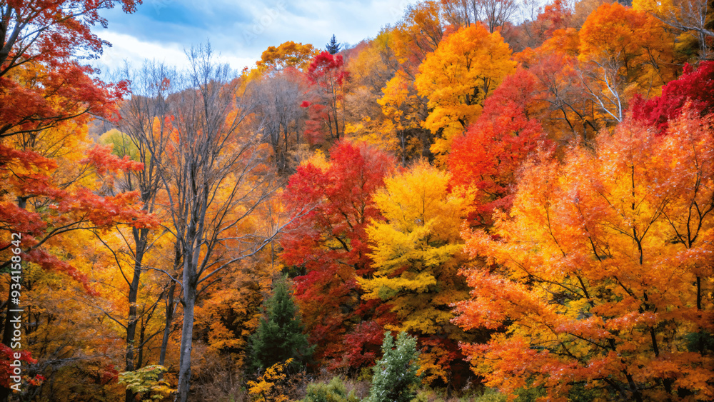 A vibrant autumn forest with trees displaying red, orange, and yellow Leaves A vibrant autumn forest with trees displaying red, orange, and yellow Leaves