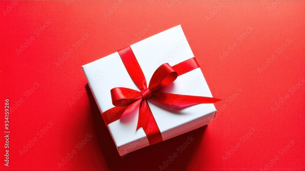 White gift box with red ribbon on bright red background White gift box with red ribbon on bright red background