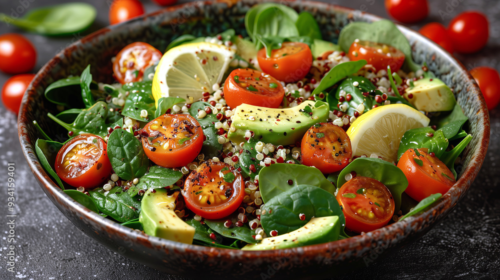 Spinach and Quinoa Salad with cooked quinoa, spinach, cherry tomatoes, avocado, and a lemon-tahini dressing. Spinach and Quinoa Salad with cooked quinoa, spinach, cherry tomatoes, avocado, and a lemon-tahini dressing.