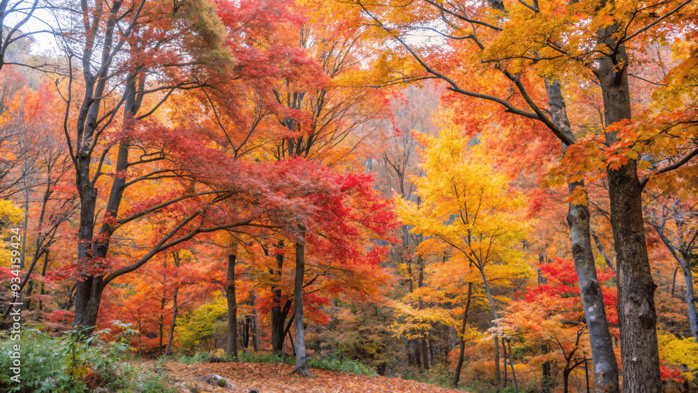 A vibrant autumn forest with trees displaying red, orange, and yellow Leaves A vibrant autumn forest with trees displaying red, orange, and yellow Leaves