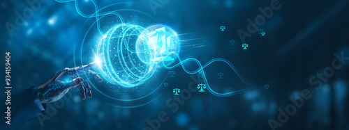 Businessman mechanical robotic hand touching legal technology global network. Data security and network connection on digital interface, compliance, automation technology and innovation concept.