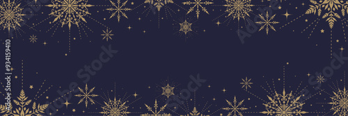 Christmas dark winter background banner with golden snowflakes snowflakes in rays sparkling for decorative design. Flat doodle style. Vector illustration.