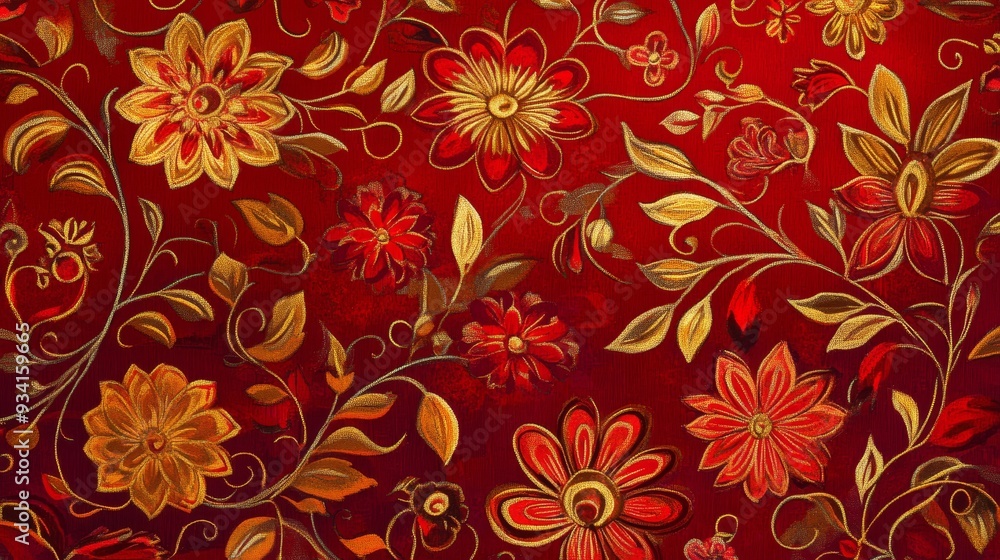 Embroidered Floral Pattern on Red Velvet, textile , embroidery , pattern , floral Embroidered Floral Pattern on Red Velvet, textile , embroidery , pattern , floral