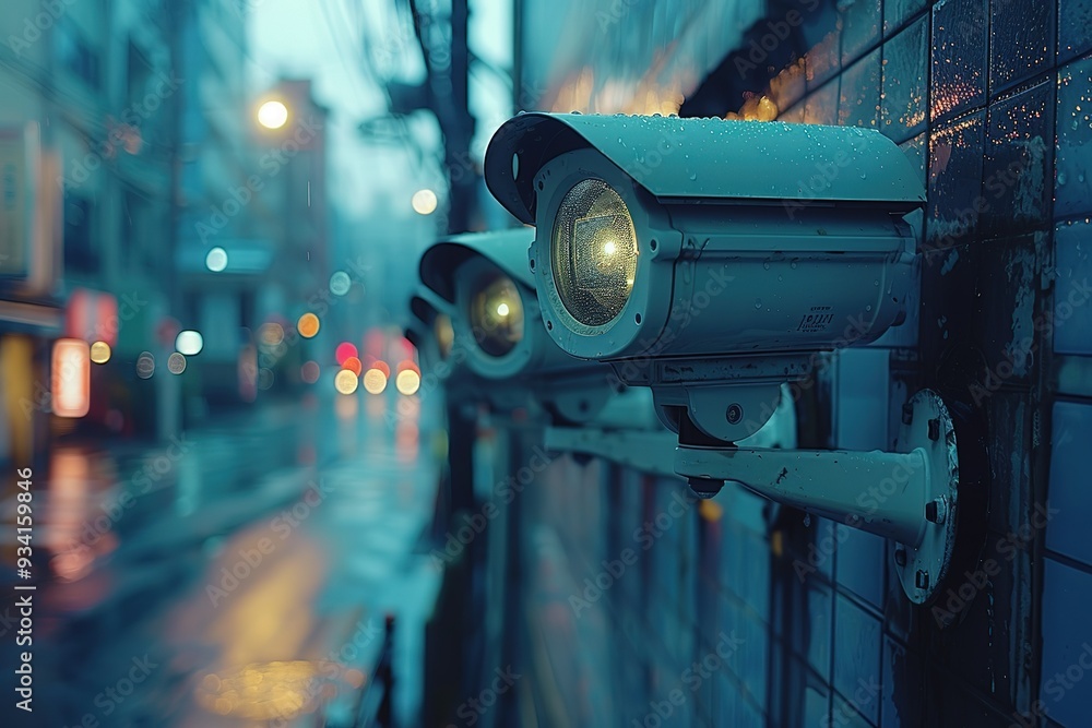 A row of street lights and street cameras are lit up in the rain A row of street lights and street cameras are lit up in the rain