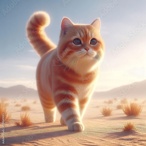 Orange Cat walking in the dessert photo