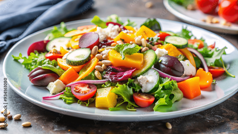 A close-up of a fresh, colorful salad with various vegetables on a white plate A close-up of a fresh, colorful salad with various vegetables on a white plate