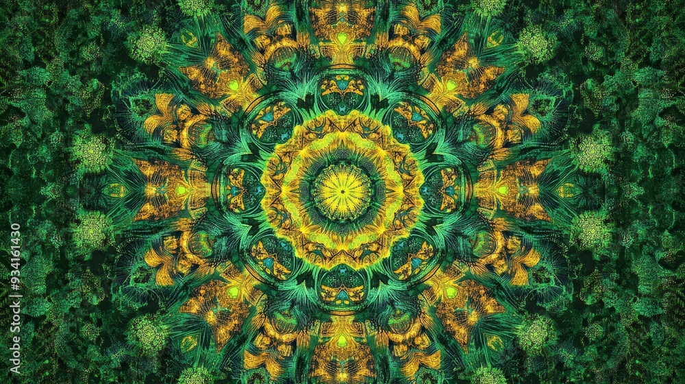 Obraz premium Kaleidoscopic Floral Pattern in Green and Yellow, Mandala, Abstract, Nature , Floral, Kaleidoscope