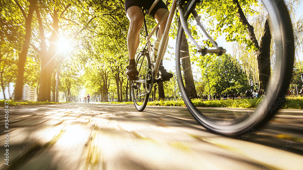 Naklejka premium a cyclist riding along a tree-lined path in an eco-friendly urban area