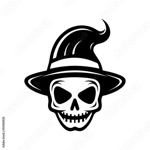 Halloween silhouette black skull logo - for scary design or decor. Skull in hat silhouette, isolated on white background. Vector illustration, traditional Halloween decorative element. Tattoo design.