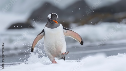 A joyful penguin gracefully strolls on the glistening ice, exuding happiness and contentment.jpeg photo