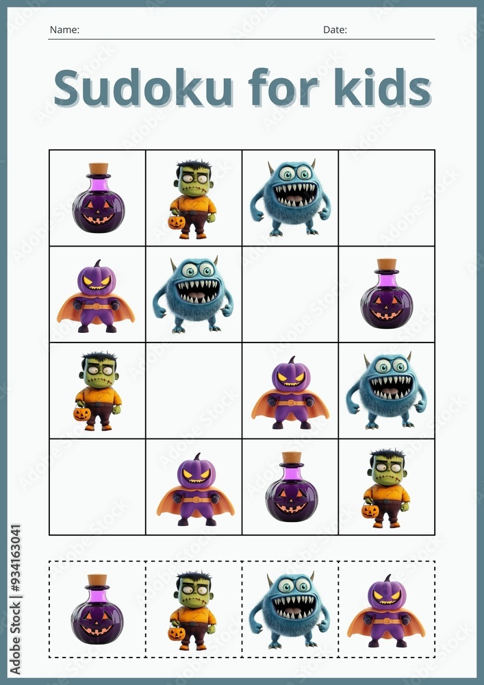 Halloween Sudoku game for kids with pictures. A task sheet for children. Halloween Sudoku game for kids with pictures. A task sheet for children.