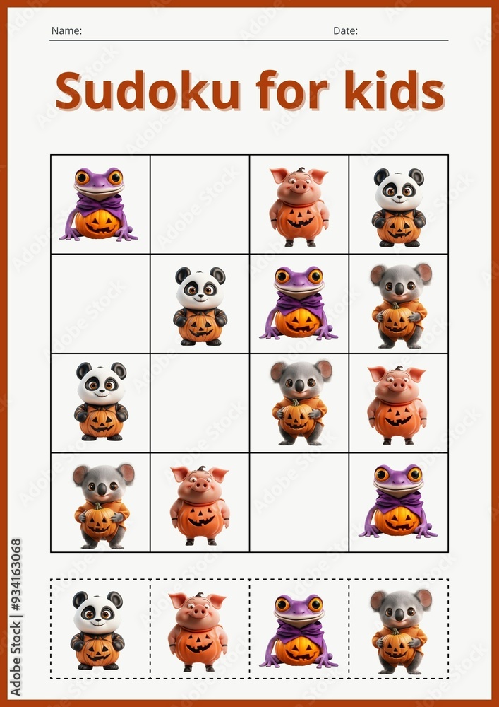 Halloween Sudoku game for kids with pictures. A task sheet for children. Halloween Sudoku game for kids with pictures. A task sheet for children.