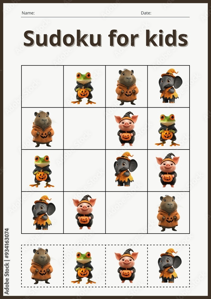 Halloween Sudoku game for kids with pictures. A task sheet for children. Halloween Sudoku game for kids with pictures. A task sheet for children.