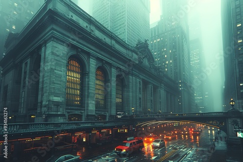 A city street with a large building in the background