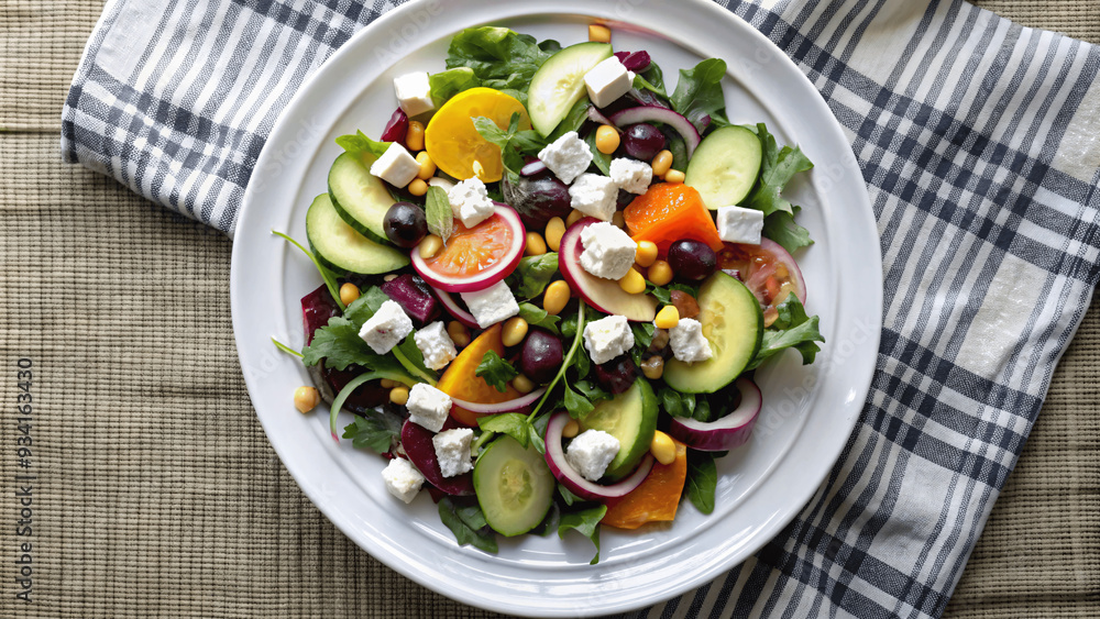 A close-up of a fresh, colorful salad with various vegetables on a white plate A close-up of a fresh, colorful salad with various vegetables on a white plate