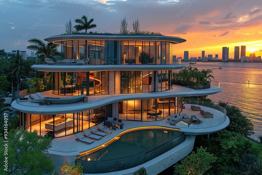 Fototapeta premium A large house with a pool and a view of the ocean