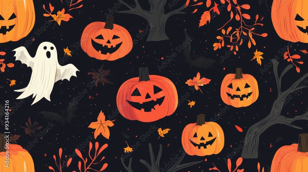 Spooky Pumpkin and Ghost Seamless Pattern, Halloween, Jack-o-lantern, Fall, Autumn Spooky Pumpkin and Ghost Seamless Pattern, Halloween, Jack-o-lantern, Fall, Autumn