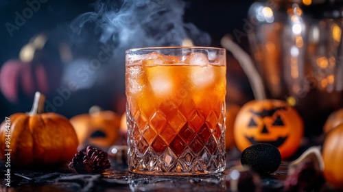 Spooky Smoked Cocktail with Ice and Pumpkins, Halloween , Cocktail , Drink , Pumpkin