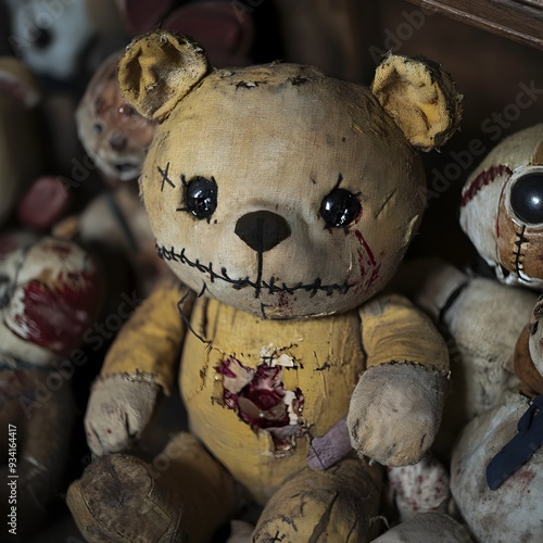 Demonic Teddy Bear Asylum Deranged Plush Toys with Stitched Maws and Severed Limbs in Dilapidated