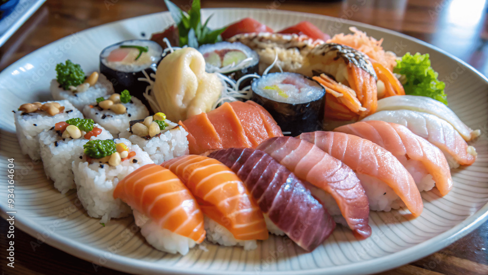 A close-up of a plate of sushi with various types of fish and rice A close-up of a plate of sushi with various types of fish and rice