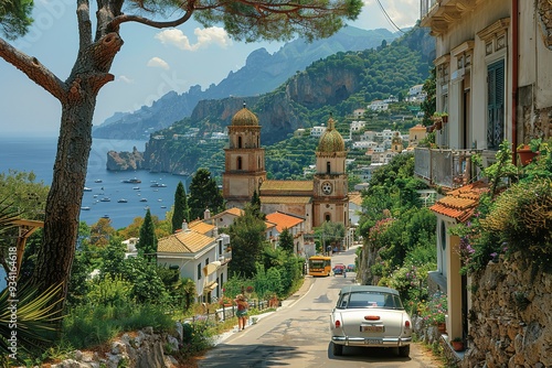 Fototapeta Naklejka Na Ścianę i Meble -  A car is driving down a street in a small town with a view of the ocean