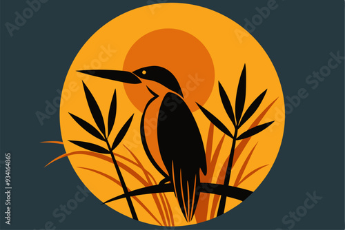 Bird Silhouette and Bamboo on Sunset Vector Illustration 