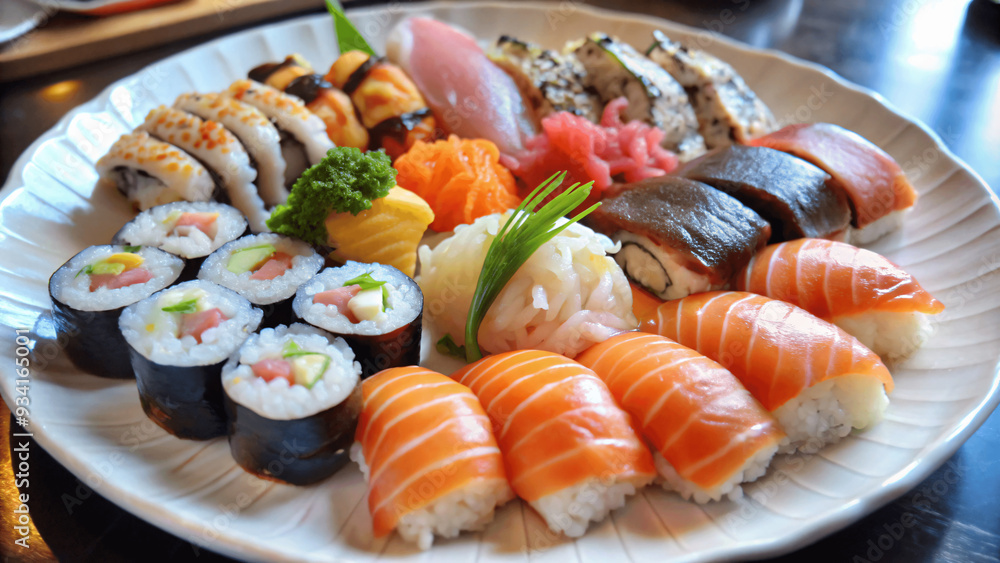 A close-up of a plate of sushi with various types of fish and rice A close-up of a plate of sushi with various types of fish and rice