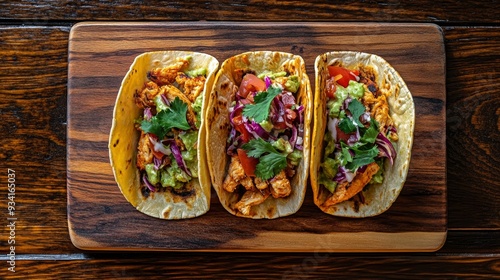 Three Chicken Tacos on Wood...