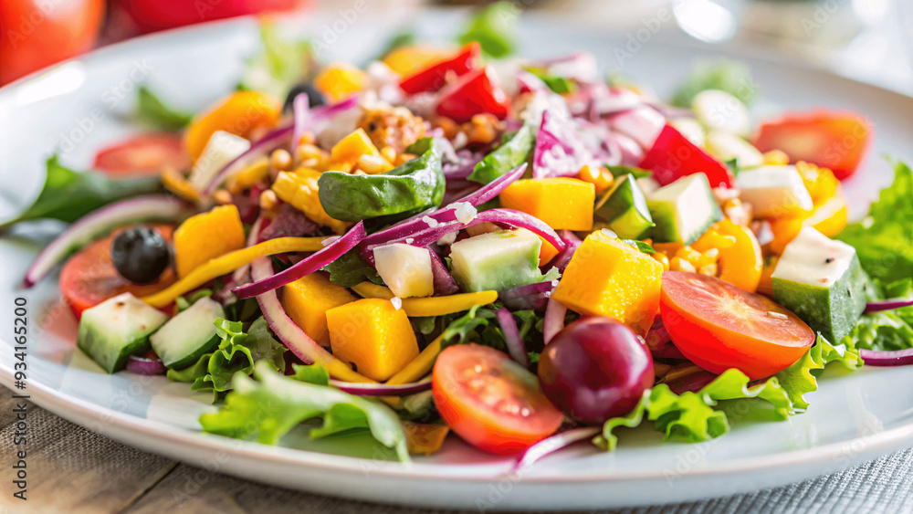 A close-up of a fresh, colorful salad with various vegetables on a white plate A close-up of a fresh, colorful salad with various vegetables on a white plate