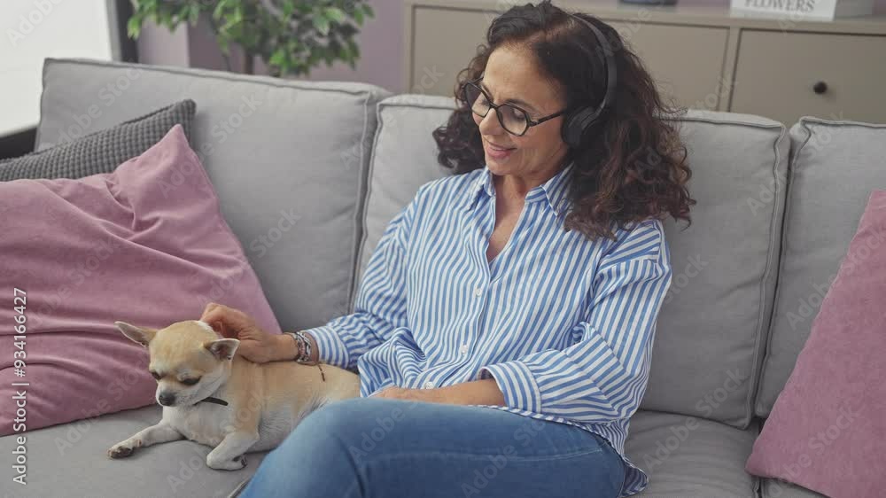 Middle-aged woman with glasses and headphones pets a chihuahua on a couch indoors, portraying a cozy home setting. Middle-aged woman with glasses and headphones pets a chihuahua on a couch indoors, portraying a cozy home setting.