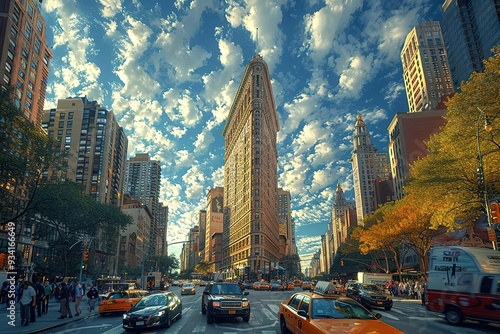A busy city street with a large building in the background