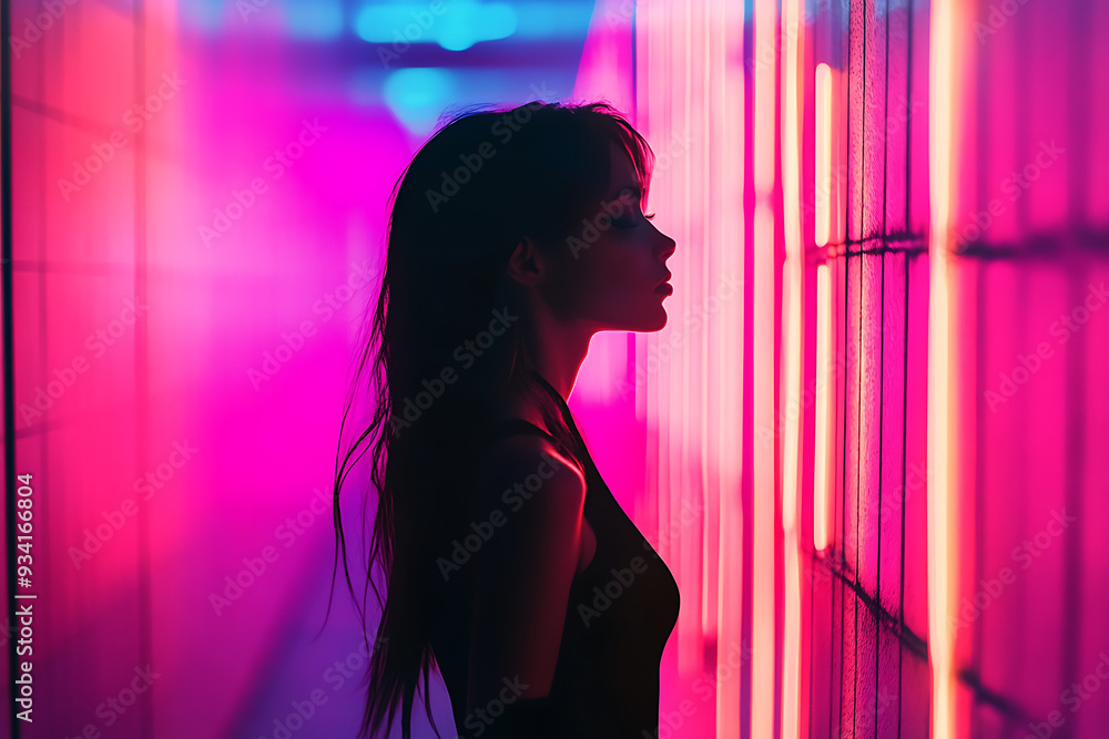 A girl in a neon-lit environment, surrounded by vibrant neon colors and glowing lights A girl in a neon-lit environment, surrounded by vibrant neon colors and glowing lights