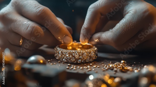 Crafting an ornate bracelet by hand, placing intricate jewels with precision.