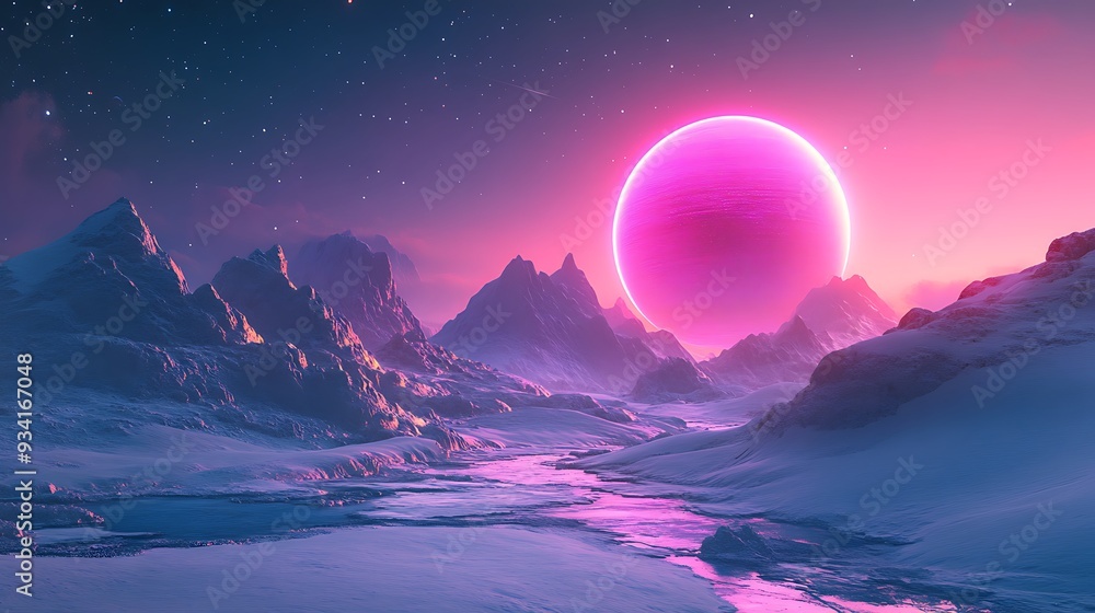 Pink Planet Over Snowy Mountains Pink Planet Over Snowy Mountains
