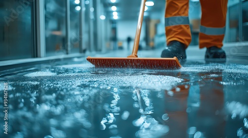 scene of a janitor using a squeegee to remove water and cleaning solution from a commercial floor, showing the tools effectiveness in drying and cleaning large surfaces photo