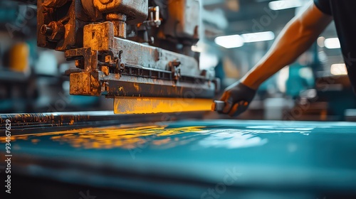 Operating a large printing machine in a workshop.