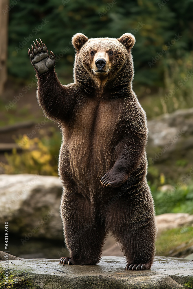 Fototapeta premium A big bear stands on its hind legs, giving a friendly wave with one of its large paws. Its expression is gentle and welcoming, as it greets with a warm, approachable demeanor