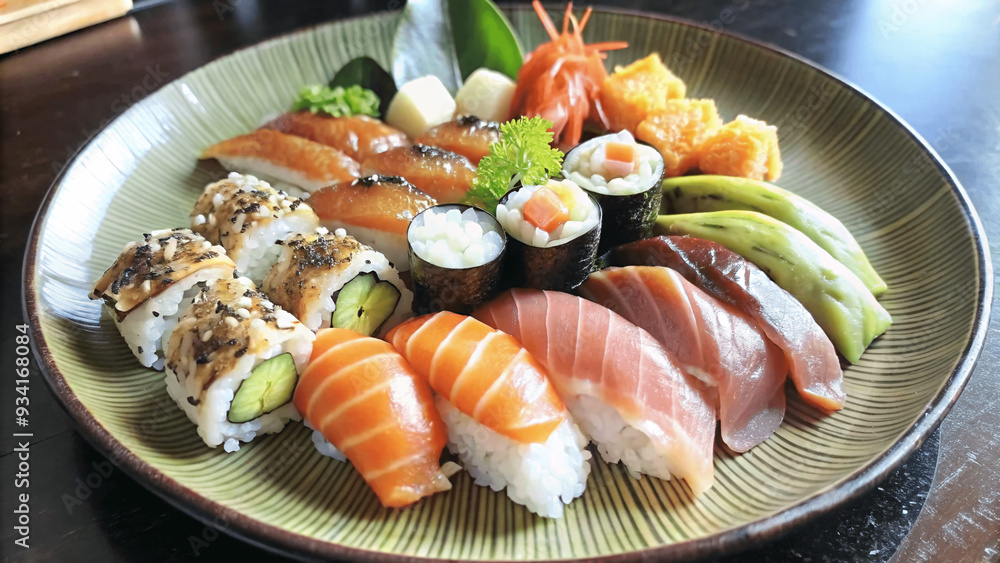 A close-up of a plate of sushi with various types of fish and rice A close-up of a plate of sushi with various types of fish and rice