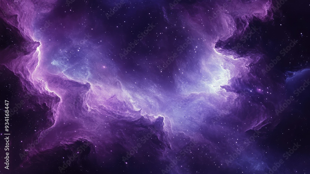Fototapeta premium Abstract nebula waves floating in the vastness of space, featuring soft transitions between deep purples and bright blues.