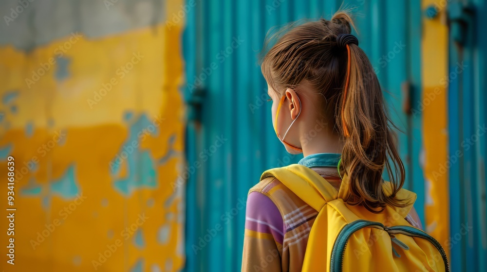 Naklejka premium Little Girl Going Back to School . Child wearing a backpack ready for the first day of kindergarten