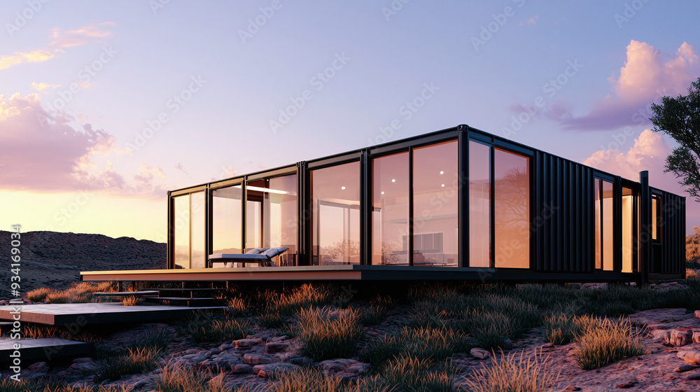 a modern container house with large glass windows, set in a picturesque natural landscape a modern container house with large glass windows, set in a picturesque natural landscape
