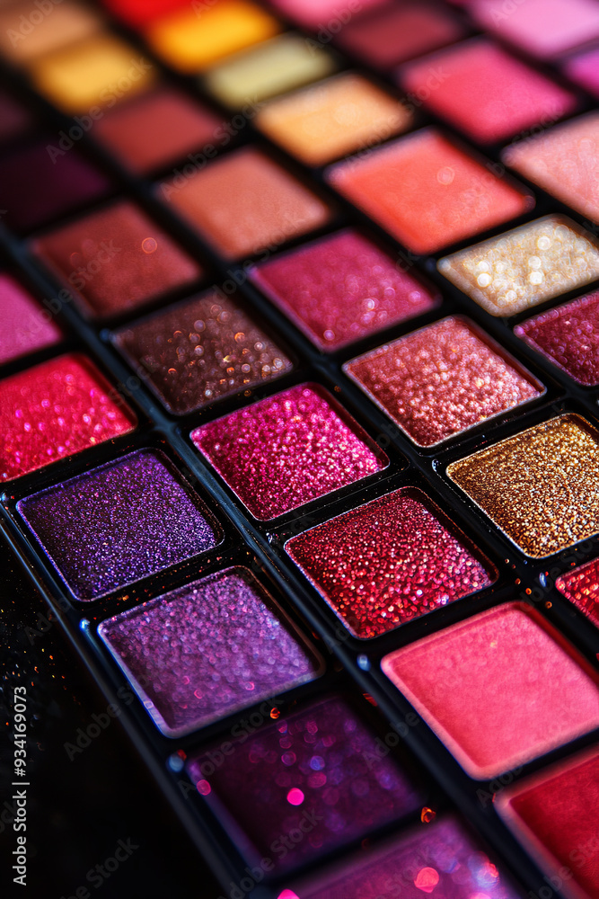 A close-up of a vibrant multi-colored makeup palette reveals an array of rich, shimmering shades A close-up of a vibrant multi-colored makeup palette reveals an array of rich, shimmering shades