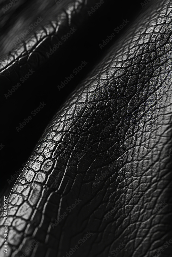 A close-up reveals the rich texture of black leather, its surface subtly embossed with fine grain patterns A close-up reveals the rich texture of black leather, its surface subtly embossed with fine grain patterns