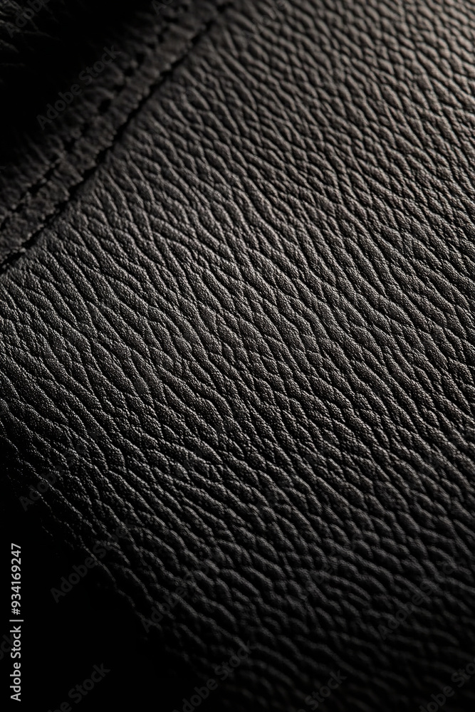 A close-up reveals the rich texture of black leather, its surface subtly embossed with fine grain patterns A close-up reveals the rich texture of black leather, its surface subtly embossed with fine grain patterns
