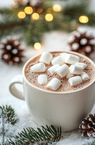 Warm cup of hot chocolate with marshmallows beside festive pinecones during winter photo