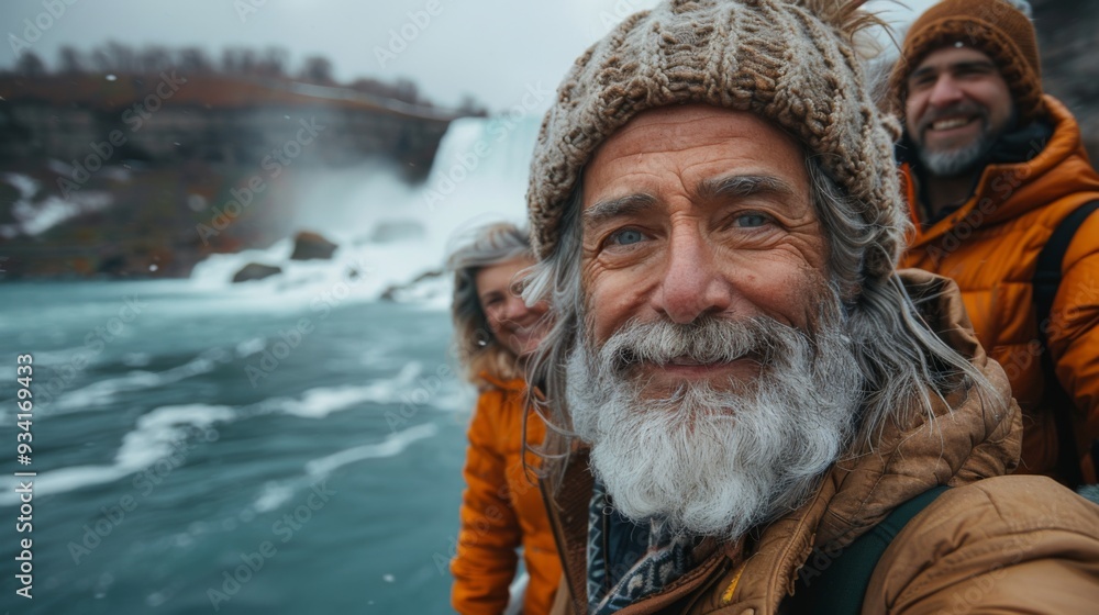 Depict a multigenerational family capturing a precious moment together while taking a selfie at the Niagara Falls, symbolizing their love Depict a multigenerational family capturing a precious moment together while taking a selfie at the Niagara Falls, symbolizing their love