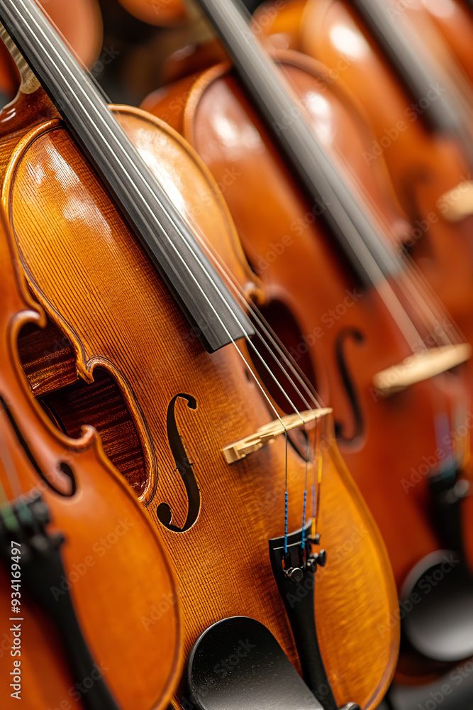 Fototapeta premium A collection of violins, each with a polished wooden finish, is elegantly displayed