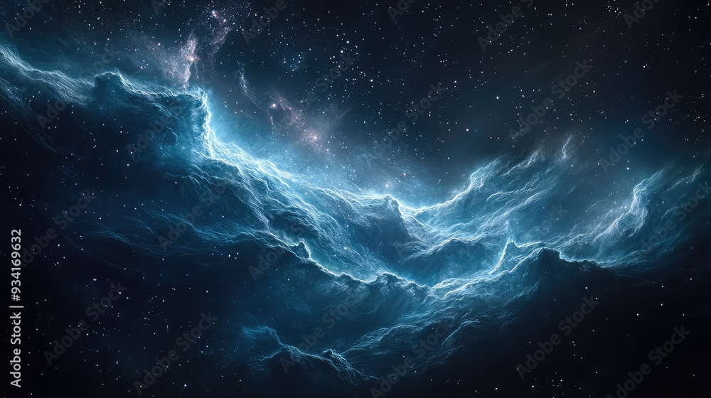 Naklejka premium Cosmic waves of nebulae, blending into the darkness of space, with shimmering stars scattered throughout.