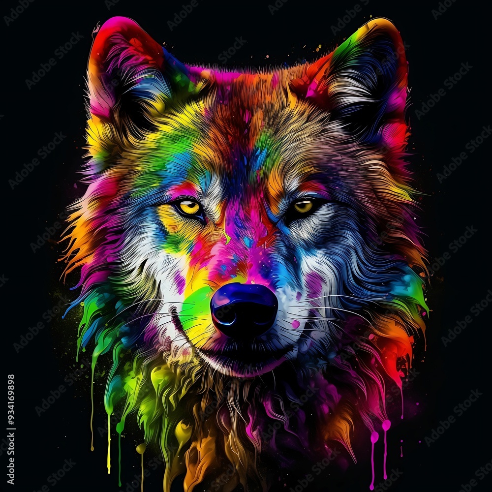Naklejka premium Colorful watercolor wolf portrait with vibrant hues and intricate details against a black background