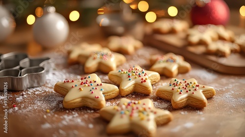 festive kitchen setting with holiday-themed cookie cutters, icing, and sprinkles, showcasing the preparation of seasonal treats and the joy of holiday baking